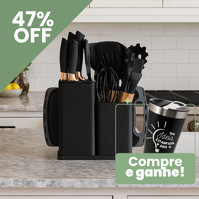 Kit MasterChef Elegance – Utensílios de Cozinha 19 Peças com 47% OFF + Copo Térmico PERSONALIZADO