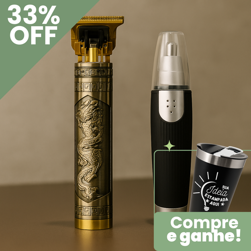 Kit Cuidados Masculinos – Barbeador Dragão e Aparador de Pelos + Copo Térmico PERSONALIZADO