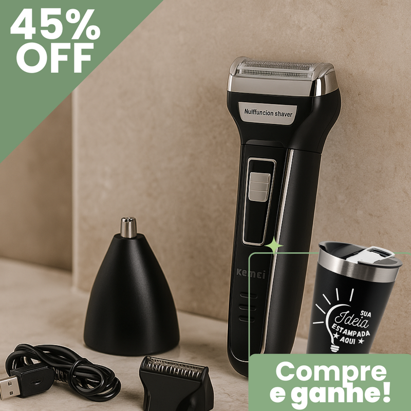 Máquina de Cortar, Barbear e Aparar Kemei + Copo Térmico PERSONALIZADO