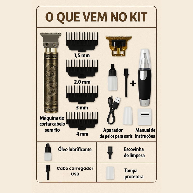 Kit Cuidados Masculinos – Barbeador Dragão e Aparador de Pelos + Copo Térmico PERSONALIZADO