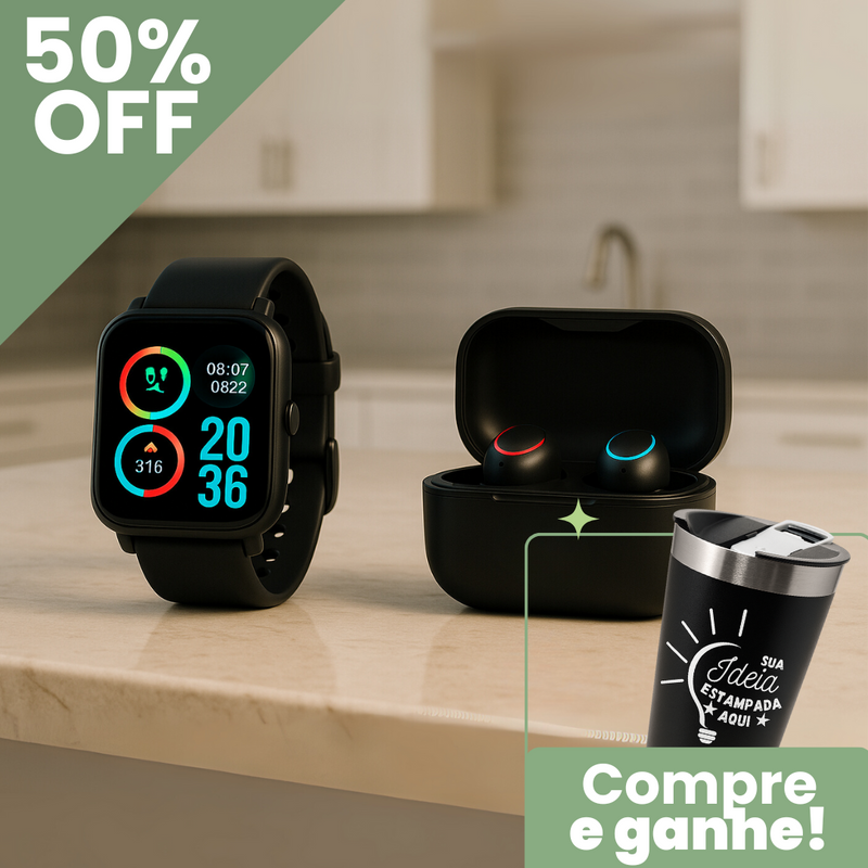 Kit Pai Conectado (Smartwatch D20 + FoneM10) + Copo Térmico PERSONALIZADO de BRINDE