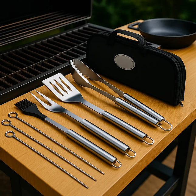 Kit Churrasco de Luxo com 9 Peças Inox + Maleta